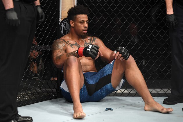 NEW YORK, NY - JANUARY 19:  Greg Hardy sits in his corner after being disqualified for landing an illegal knee in his heavyweight bout against Allen Crowder during the UFC Fight Night event at the Barclays Center on January 19, 2019 in the Brooklyn borough of New York City. (Photo by Josh Hedges/Zuffa LLC/Zuffa LLC via Getty Images)