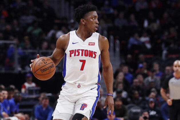 Detroit Pistons forward Stanley Johnson brings the ball up court during the first half of an NBA basketball game, Wednesday, Jan. 16, 2019, in Detroit. (AP Photo/Carlos Osorio)