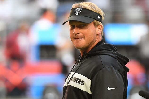 GLENDALE, AZ - NOVEMBER 18:  Head Coach John Gruden of the Oakland Raiders walks onto the field prior to a game against the Arizona Cardinals at State Farm Stadium on November 18, 2018 in Glendale, Arizona.  (Photo by Norm Hall/Getty Images)