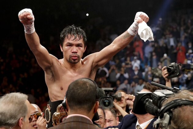 Manny Pacquiao celebrates his win against Adrien Broner in the WBA welterweight title boxing match Saturday, Jan. 19, 2019, in Las Vegas. (AP Photo/John Locher) Manny Pacquiao celebrates his win against Adrien Broner in the WBA welterweight title boxing match Saturday, Jan. 19, 2019, in Las Vegas. (AP Photo/John Locher)