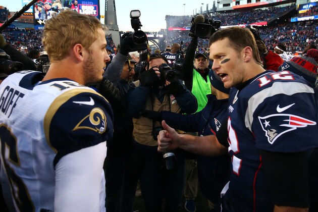 FOXBORO, MA - DECEMBER 04:  Jared Goff #16 of the Los Angeles Rams greets Tom Brady #12 of the New England Patriots after the New England Patriots defeated the Los Angeles Rams 26-10 at Gillette Stadium on December 4, 2016 in Foxboro, Massachusetts.  (Photo by Adam Glanzman/Getty Images)