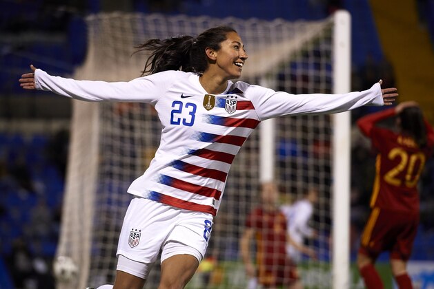 ALICANTE, SPAIN - JANUARY 22: Christen Press of The United States celebrates after scoring her sides first goal during the Women's International Friendly match between Spain and The United States at Estadio Jose Rico Perez on January 22, 2019 in Alicante, Spain. (Photo by Quality Sport Images/Getty Images)