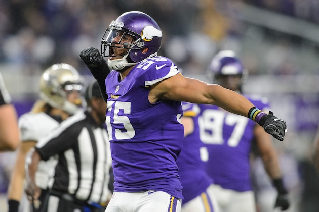 MINNEAPOLIS, MN - JANUARY 14: Anthony Barr #55 of the Minnesota Vikings celebrates a tackle against the New Orleans Saints during the first half of the NFC Divisional Playoff game on January 14, 2018 at U.S. Bank Stadium in Minneapolis, Minnesota. (Photo by Hannah Foslien/Getty Images)