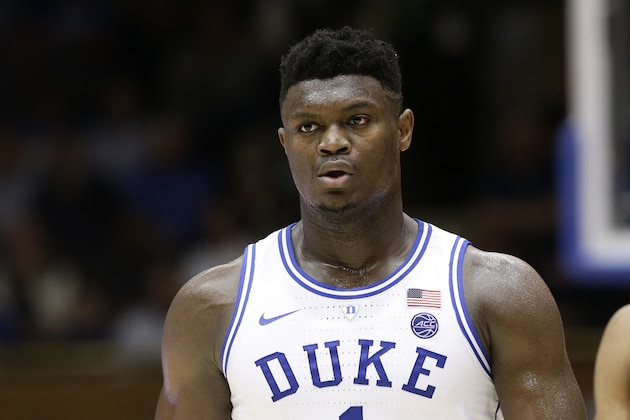 Duke's Zion Williamson (1) is seen during a break in action against Syracuse during the second half of an NCAA college basketball game in Durham, N.C., Monday, Jan. 14, 2019. Syracuse won 95-91. (AP Photo/Gerry Broome)