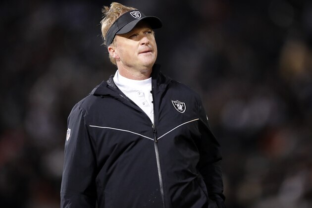 Oakland Raiders head coach Jon Gruden watches during the first half of an NFL football game against the Denver Broncos in Oakland, Calif., Monday, Dec. 24, 2018. (AP Photo/John Hefti) Oakland Raiders head coach Jon Gruden watches during the first half of an NFL football game against the Denver Broncos in Oakland, Calif., Monday, Dec. 24, 2018. (AP Photo/John Hefti)