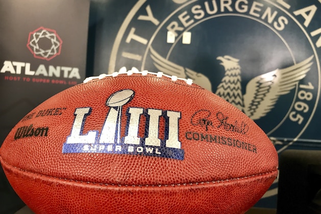 One of two footballs that flanked local, state and federal law enforcement officials at a Tuesday news conference about public safety at the upcoming Super Bowl 53 in Atlanta. The city is hosting the game on Feb. 3. (AP Photo/Jeff Martin)