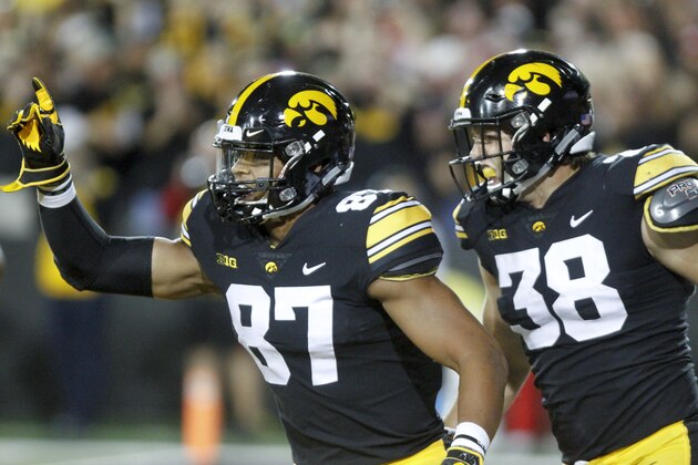 IOWA CITY, IOWA- SEPTEMBER 22:  Tight ends Noah Fant #87  and T.J. Hockenson #38 of the Iowa Hawkeyes celebrate a touchdown during the first half against the Wisconsin Badgers on September 22, 2018 at Kinnick Stadium, in Iowa City, Iowa.  (Photo by Matthew Holst/Getty Images)