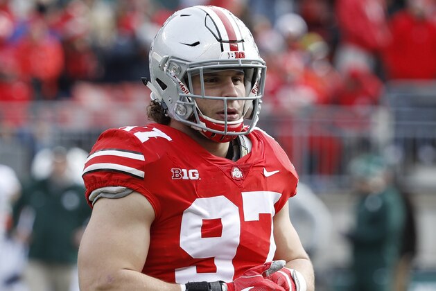 COLUMBUS, OH - NOVEMBER 11: Nick Bosa #97 of the Ohio State Buckeyes looks on during a game against the Michigan State Spartans at Ohio Stadium on November 11, 2017 in Columbus, Ohio. Ohio State won 48-3. (Photo by Joe Robbins/Getty Images)