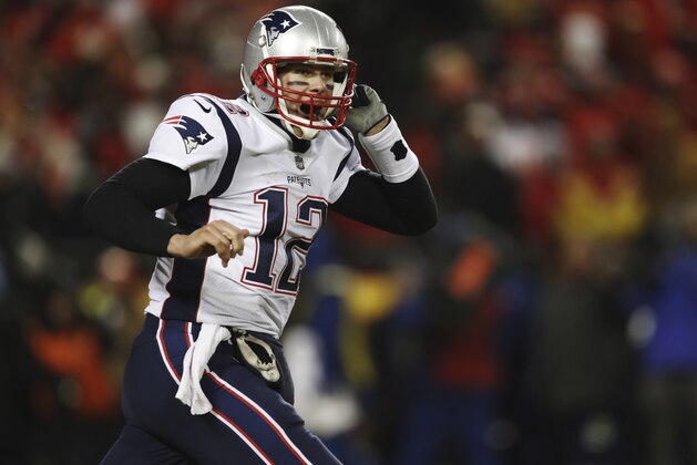 New England Patriots quarterback Tom Brady (12) celebrates after defeating the Kansas City Chiefs in the AFC Championship NFL football game, Sunday, Jan. 20, 2019, in Kansas City, Mo. (AP Photo/Jeff Roberson)
