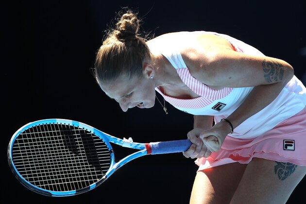 MELBOURNE, AUSTRALIA - JANUARY 23:  Karolina Pliskova of Czech Republic celebrates in her quarter final match against Serena Williams of the United States during day 10 of the 2019 Australian Open at Melbourne Park on January 23, 2019 in Melbourne, Australia.  (Photo by Mark Kolbe/Getty Images)