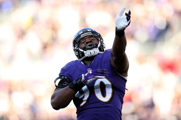 BALTIMORE, MARYLAND - JANUARY 06: Za'Darius Smith #90 of the Baltimore Ravens reacts after blocking a field goal against Mike Badgley #4 of the Los Angeles Chargers during the third quarter in the AFC Wild Card Playoff game at M&T Bank Stadium on January 06, 2019 in Baltimore, Maryland. (Photo by Patrick Smith/Getty Images)