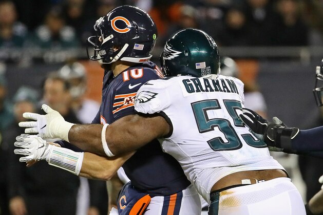 CHICAGO, IL - JANUARY 06:  Brandon Graham #55 of the Philadelphia Eagles hits Mitchell Trubisky #10 of the Chicago Bears during an NFC Wild Card playoff game at Soldier Field on January 6, 2019 in Chicago, Illinois. The Eagles defeated the Bears 16-15.  (Photo by Jonathan Daniel/Getty Images)