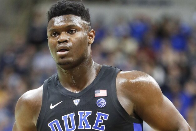Duke's Zion Williamson (1) during the first half of an NCAA college basketball game against Pittsburgh, Tuesday, Jan. 22, 2019, in Pittsburgh. (AP Photo/Keith Srakocic)