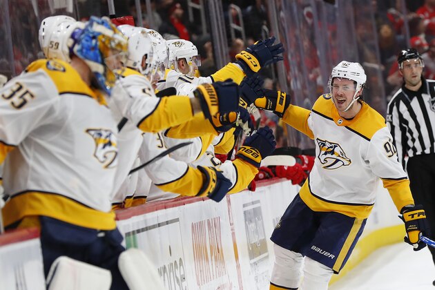 Nashville Predators center Ryan Johansen (92) celebrates his goal in the third period of an NHL hockey game against the Detroit Red Wings, Friday, Jan. 4, 2019, in Detroit. (AP Photo/Paul Sancya)