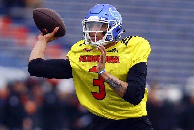 South quarterback Tyree Jackson of Buffalo (3) throws a pass during practice for Saturday's Senior Bowl college football game, Tuesday, Jan. 22, 2019, in Mobile, Ala. (AP Photo/Butch Dill)