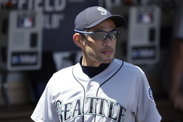 Seattle Mariners' Ichiro Suzuki looks on before a baseball game against the San Diego Padres Wednesday, Aug. 29, 2018, in San Diego. (AP Photo/Gregory Bull)