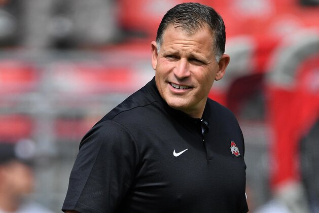 COLUMBUS, OH - SEPTEMBER 1:  Associate Head Coach/Defensive Coordinator Greg Schiano of the Ohio State Buckeyes watches his team warm up before a game against the Oregon State Beavers at Ohio Stadium on September 1, 2018 in Columbus, Ohio. Ohio State defeated Oregon State 77-31.  (Photo by Jamie Sabau/Getty Images)