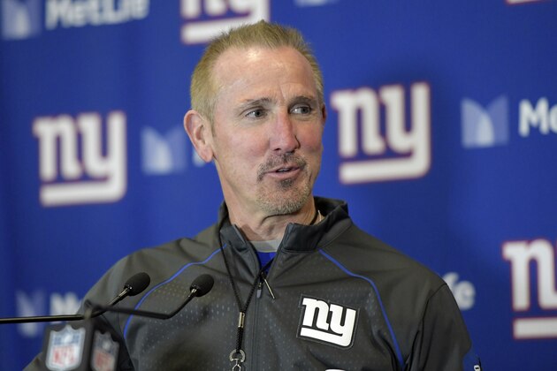 New York Giants interim head coach Steve Spagnuolo speaks to reporters after an NFL football game against the Philadelphia Eagles, Sunday, Dec. 17, 2017, in East Rutherford, N.J. The Eagles won 34-29. (AP Photo/Bill Kostroun)