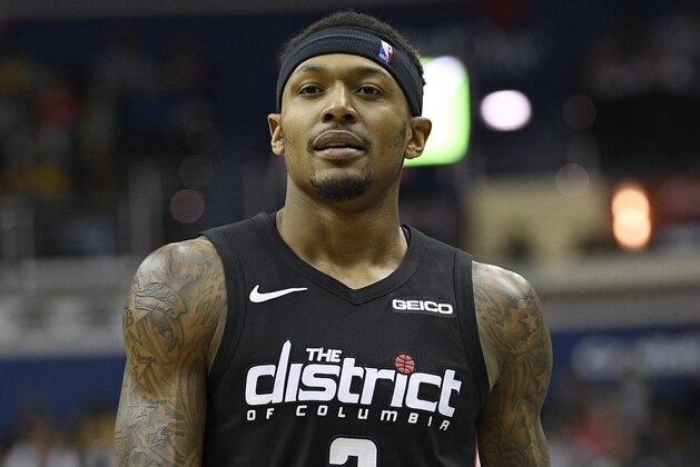 Washington Wizards guard Bradley Beal (3) stands on the court during the second half of an NBA basketball game against the Detroit Pistons, Monday, Jan. 21, 2019, in Washington. The Wizards won 101-87. (AP Photo/Nick Wass)