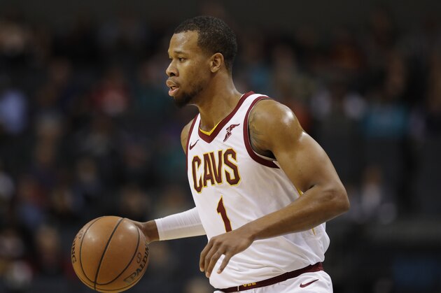Cleveland Cavaliers' Rodney Hood (1) brings the ball up court against the Charlotte Hornets during the first half of an NBA basketball game in Charlotte, N.C., Wednesday, Dec. 19, 2018. (AP Photo/Chuck Burton)
