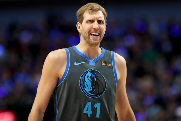 DALLAS, TEXAS - JANUARY 16: Dirk Nowitzki #41 of the Dallas Mavericks reacts after being called for a foul against the San Antonio Spurs in the second half at American Airlines Center on January 16, 2019 in Dallas, Texas. NOTE TO USER: User expressly acknowledges and agrees that, by downloading and or using this photograph, User is consenting to the terms and conditions of the Getty Images License Agreement. (Photo by Tom Pennington/Getty Images)