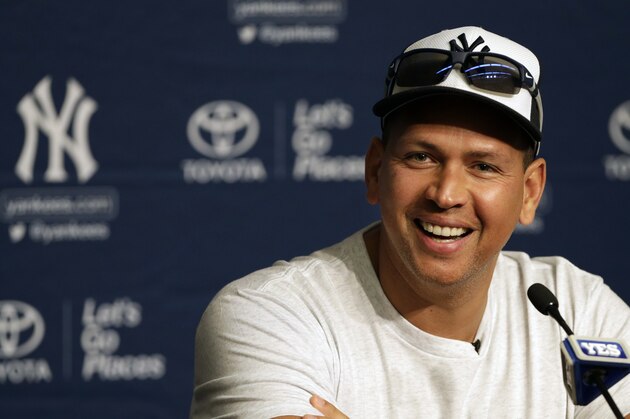 New York Yankees' Alex Rodriguez reacts during a news conference prior to his last MLB baseball game against the Tampa Bay Rays on Friday, Aug. 12, 2016, in New York. (AP Photo/Adam Hunger)