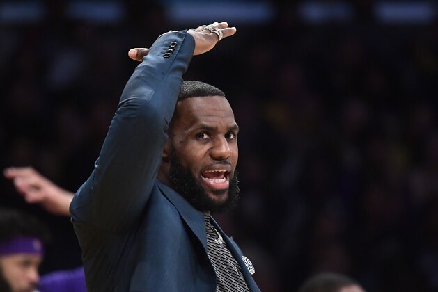Los Angeles Lakers' LeBron James gestures from the bench during the second half of an NBA basketball game against the Cleveland Cavaliers Sunday, Jan. 13, 2019, in Los Angeles. The Cavaliers won 101-95. (AP Photo/Mark J. Terrill) Los Angeles Lakers' LeBron James gestures from the bench during the second half of an NBA basketball game against the Cleveland Cavaliers Sunday, Jan. 13, 2019, in Los Angeles. The Cavaliers won 101-95. (AP Photo/Mark J. Terrill)