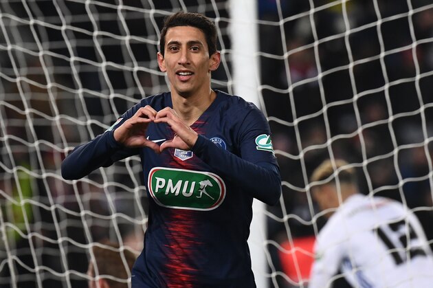 Paris Saint-Germain's Argentinian forward Angel Di Maria celebrates after he scored a goal during the French Cup round of 32 football match between Paris Saint-Germain (PSG) and Strasbourg (RCS) at the Parc des Princes stadium in Paris on January 23, 2019. (Photo by FRANCK FIFE / AFP)        (Photo credit should read FRANCK FIFE/AFP/Getty Images)