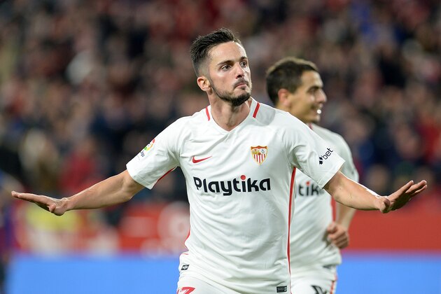 Sevilla's Spanish midfielder Pablo Sarabia celebrates after scoring a goal during the Spanish Copa del Rey (King's Cup) quarter-final first leg football match between Sevilla FC and FC Barcelona at the Ramon Sanchez Pizjuan stadium in Seville on January 23, 2019. (Photo by CRISTINA QUICLER / AFP)        (Photo credit should read CRISTINA QUICLER/AFP/Getty Images)
