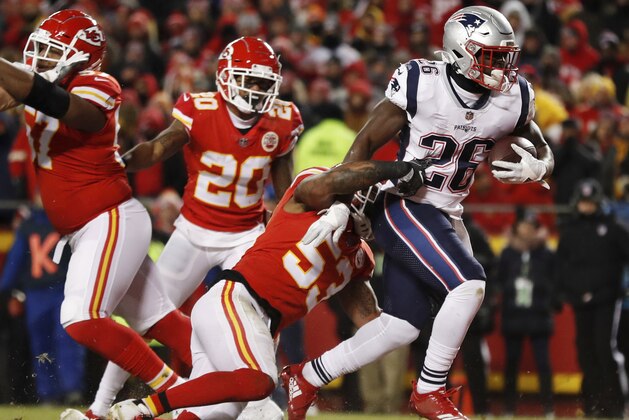 New England Patriots running back Sony Michel (26) runs to the end zone for a touchdown during the first half of the AFC Championship NFL football game against the Kansas City Chiefs, Sunday, Jan. 20, 2019, in Kansas City, Mo. (AP Photo/Jeff Roberson)