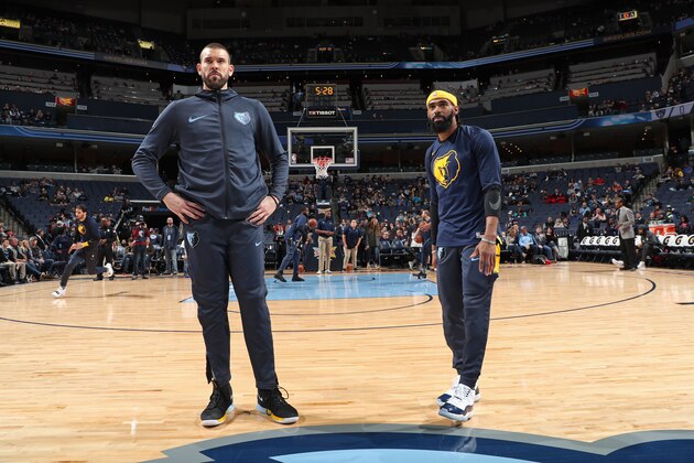 MEMPHIS, TN - JANUARY 4: Marc Gasol #33 and Mike Conley #11 of the Memphis Grizzlies look on before the game against the Brooklyn Nets on January 4, 2019 at FedExForum in Memphis, Tennessee. NOTE TO USER: User expressly acknowledges and agrees that, by downloading and/or using this photograph, user is consenting to the terms and conditions of the Getty Images License Agreement. Mandatory Copyright Notice: Copyright 2019 NBAE (Photo by Joe Murphy/NBAE via Getty Images)