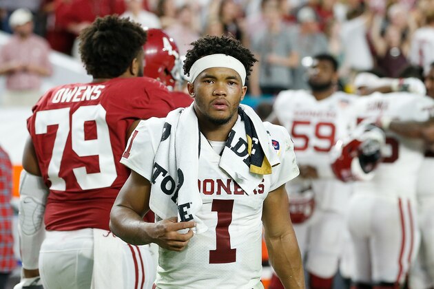 MIAMI, FL - DECEMBER 29: Kyler Murray #1 of the Oklahoma Sooners reacts after losing to the Alabama Crimson Tide in the College Football Playoff Semifinal at the Capital One Orange Bowl at Hard Rock Stadium on December 29, 2018 in Miami, Florida. (Photo by Michael Reaves/Getty Images) MIAMI, FL - DECEMBER 29: Kyler Murray #1 of the Oklahoma Sooners reacts after losing to the Alabama Crimson Tide in the College Football Playoff Semifinal at the Capital One Orange Bowl at Hard Rock Stadium on December 29, 2018 in Miami, Florida. (Photo by Michael Reaves/Getty Images)