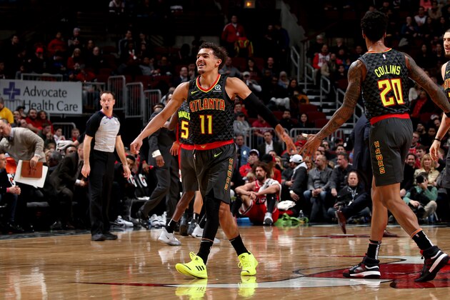 CHICAGO, IL - JANUARY 23: Trae Young #11 of the Atlanta Hawks smiles against the Chicago Bulls on January 23, 2019 at the United Center in Chicago, Illinois. NOTE TO USER: User expressly acknowledges and agrees that, by downloading and or using this photograph, user is consenting to the terms and conditions of the Getty Images License Agreement.  Mandatory Copyright Notice: Copyright 2019 NBAE (Photo by Gary Dineen/NBAE via Getty Images)