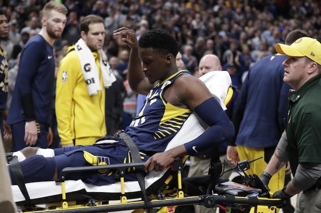 Indiana Pacers guard Victor Oladipo is taken off the court on a stretcher after he was injured during the first half of the team's NBA basketball game against the Toronto Raptors in Indianapolis, Wednesday, Jan. 23, 2019. (AP Photo/Michael Conroy) Indiana Pacers guard Victor Oladipo is taken off the court on a stretcher after he was injured during the first half of the team's NBA basketball game against the Toronto Raptors in Indianapolis, Wednesday, Jan. 23, 2019. (AP Photo/Michael Conroy)