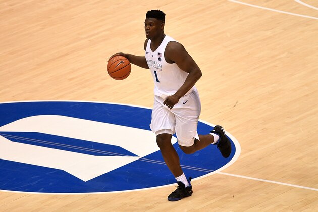 DURHAM, NC - JANUARY 19: Zion Williamson #1 of the Duke Blue Devils moves the ball against the Virginia Cavaliers in the second half at Cameron Indoor Stadium on January 19, 2019 in Durham, North Carolina. (Photo by Lance King/Getty Images)