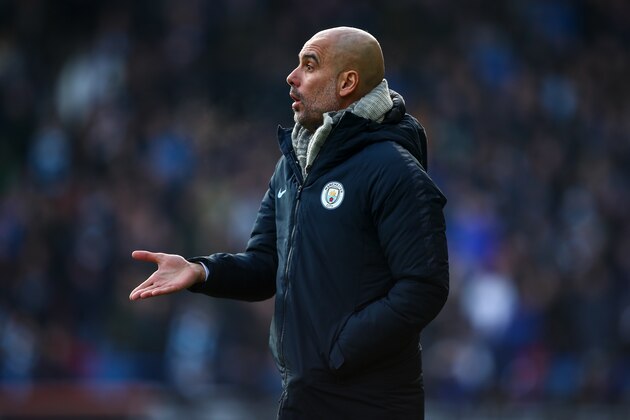 HUDDERSFIELD, ENGLAND - JANUARY 20:  Pep Guardiola the head coach / manager of Manchester City gestures during the Premier League match between Huddersfield Town and Manchester City at John Smith's Stadium on January 20, 2019 in Huddersfield, United Kingdom. (Photo by Robbie Jay Barratt - AMA/Getty Images)
