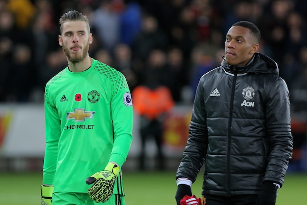 SWANSEA, WALES - NOVEMBER 06: (L-R) Juan Mata, David De Gea and Anthony Martial of Manchester City walk off the pitch after the Premier League match between Swansea City and Manchester United at The Liberty Stadium on November 06, 2016 in Swansea, Wales. (Photo by Athena Pictures/Getty Images)