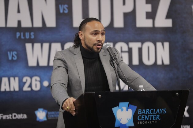 DELETES INCORRECT YEAR OF BOUT - Keith Thurman speaks during a news conference for an upcoming fight Saturday, Dec. 22, 2018, in New York. Thurman and Josesito Lopez will fight on Jan. 26 at Barclays Center in New York. (AP Photo/Frank Franklin II)