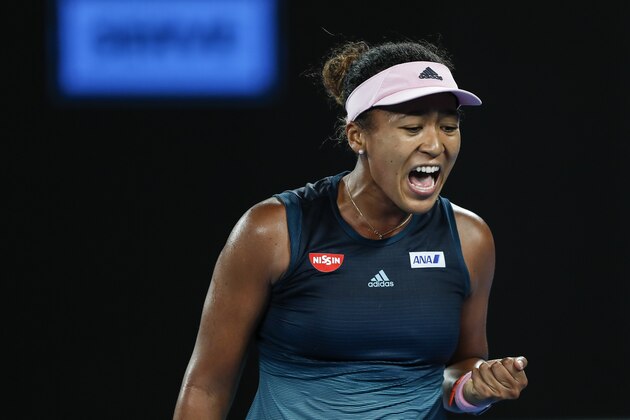 MELBOURNE, AUSTRALIA - JANUARY 24: Naomi Osaka of Japan reacts in her Women's Semi Final match against Karolina Pliskova of Czech Republic during day 11 of the 2019 Australian Open at Melbourne Park on January 24, 2019 in Melbourne, Australia. (Photo by Fred Lee/Getty Images)
