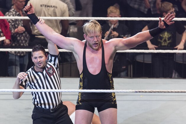 COLOGNE, GERMANY - FEBRUARY 11: Jack Swagger competes in the ring against Bo Dallas at the Road to WrestleMania at the Lanxess Arena on February 11, 2016 in Cologne, Germany. (Photo by Marc Pfitzenreuter/Getty Images)