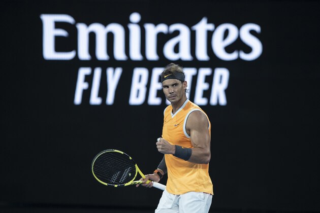 MELBOURNE, AUSTRALIA - JANUARY 24: Rafael Nadal of Spain reacts in his Men's Singles Semi Final match against Stefanos Tsitsipas of Greece during day 11 of the 2019 Australian Open at Melbourne Park on January 24, 2019 in Melbourne, Australia. (Photo by Fred Lee/Getty Images)