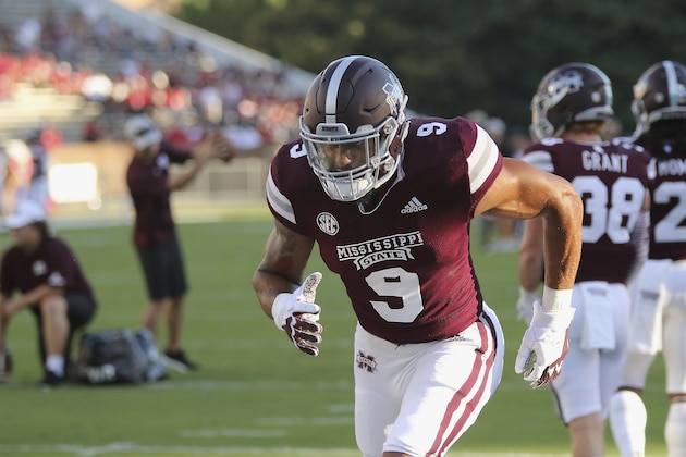 Mississippi State defensive end Montez Sweat (9) goes through pregame drills before their NCAA college football game against Louisiana-Lafayette on Saturday, Sept. 15, 2018, in Starkville, Miss. (AP Photo/Jim Lytle)