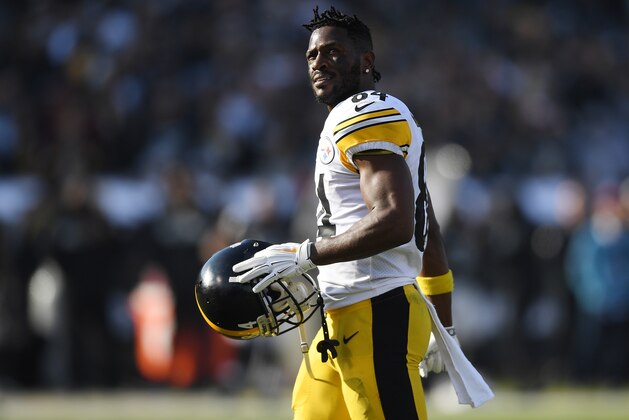OAKLAND, CA - DECEMBER 09:  Antonio Brown #84 of the Pittsburgh Steelers looks on as he walks onto the field against the Oakland Raiders during the first half of their NFL football game at Oakland-Alameda County Coliseum on December 9, 2018 in Oakland, California.  (Photo by Thearon W. Henderson/Getty Images)