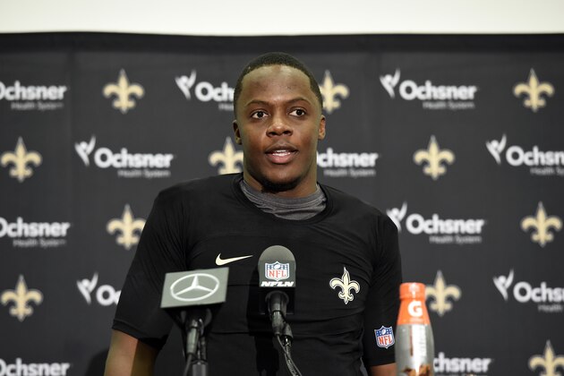 New Orleans Saints quarterback Teddy Bridgewater speaks to media after an NFL football game against the Carolina Panthers in New Orleans, Sunday, Dec. 30, 2018. The Panthers won 33-14. (AP Photo/Bill Feig)