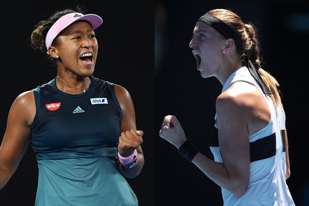 FILE PHOTO (EDITORS NOTE: COMPOSITE OF IMAGES - Image numbers 1087813666,1087765830 - GRADIENT ADDED) In this composite image a comparison has been made between tennis players Naomi Osaka of Japan (L) and Petra Kvitova of the Czech Republic. They will meet in the Australian Open Women's singles final on January 26, 2019 at Melbourne Park in Melbourne, Australia. ***LEFT IMAGE*** MELBOURNE, AUSTRALIA - JANUARY 24: Naomi Osaka of Japan celebrates in her Women's Semi Final match against Karolina Pliskova of Czech Republic during day 11 of the 2019 Australian Open at Melbourne Park on January 24, 2019 in Melbourne, Australia. (Photo by Quinn Rooney/Getty Images) ***RIGHT IMAGE*** MELBOURNE, AUSTRALIA - JANUARY 24: Petra Kvitova of the Czech Republic celebrates in her Women's Semi Final match against Danielle Collins of the United States during day 11 of the 2019 Australian Open at Melbourne Park on January 24, 2019 in Melbourne, Australia. (Photo by Mark Kolbe/Getty Images)