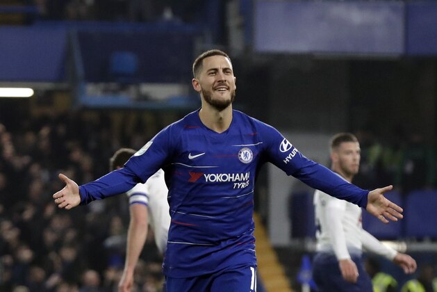 Chelsea's Eden Hazard celebrates after scoring his side's second goal during the second leg of the English League Cup semifinal soccer match between Chelsea and Tottenham Hotspur at Stamford Bridge stadium in London, Thursday, Jan. 24, 2019. (AP Photo/Matt Dunham)