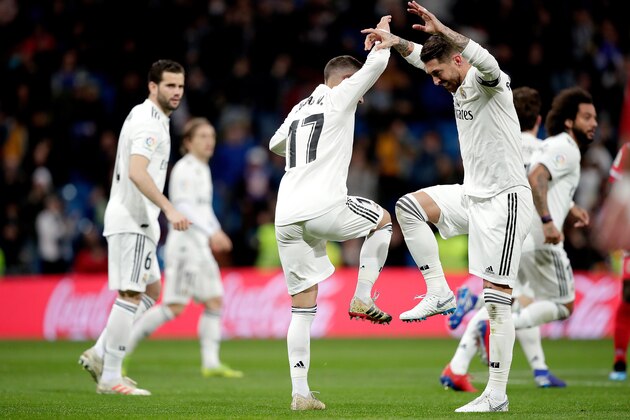 MADRID, SPAIN - JANUARY 24: (L-R) Lucas Vazquez of Real Madrid, Sergio Ramos of Real Madrid during the Spanish Copa del Rey  match between Real Madrid v Girona at the Santiago Bernabeu on January 24, 2019 in Madrid Spain (Photo by David S. Bustamante/Soccrates/Getty Images)