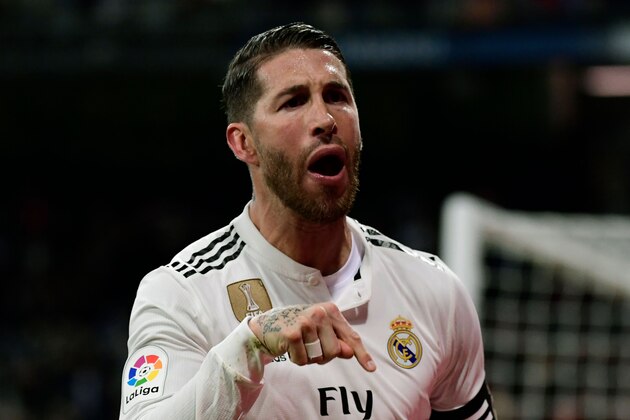 Real Madrid's Spanish defender Sergio Ramos celebrates after scoring during the Spanish Copa del Rey (King's Cup) quarter-final first leg football match between Real Madrid CF and Girona FC at the Santiago Bernabeu stadium in Madrid on January 24, 2019. (Photo by JAVIER SORIANO / AFP)        (Photo credit should read JAVIER SORIANO/AFP/Getty Images)