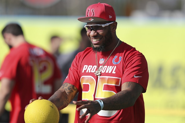 AFC tight end Eric Ebron #85 competes in the Epic Pro Dodgeball event at the Pro Bowl Skills Challenge, Wednesday, January 23, 2019, in Kissimmee, FL. (AP Photo/Gregory Payan)
