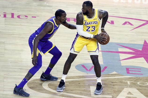 LAS VEGAS, NV- OCTOBER 10:   LeBron James #23 of the Los Angeles Lakers handles the ball against Kevin Durant #35 of the Golden State Warriors on October 10, 2018 at T-Mobile Arena in Las Vegas, Nevada. NOTE TO USER: User expressly acknowledges and agrees that, by downloading and/or using this Photograph, user is consenting to the terms and conditions of the Getty Images License Agreement. Mandatory Copyright Notice: Copyright 2018 NBAE (Photo by Chris Elise/NBAE via Getty Images)